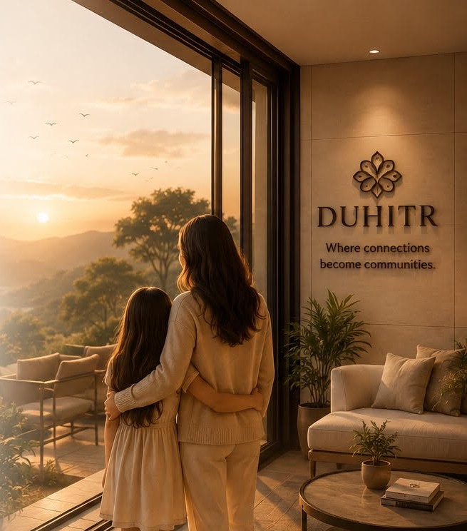 A mother and daughter in a DUHITR living room, looking out at the sunset together